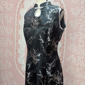 Black Satin Floral Cheongsam Maxi Dress | Romantic Evening